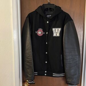 Classic Varsity Jacket with Genuine Leather Sleeves women’s Small/Medium Black